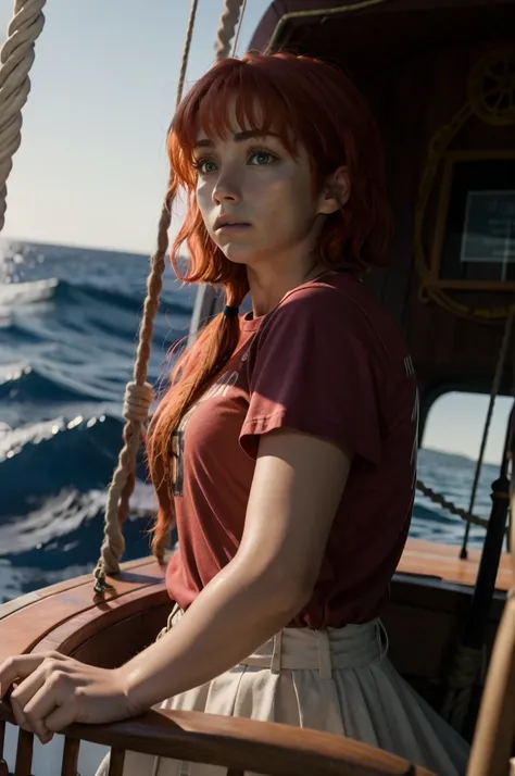 emilyrudd, nami, a woman with red hair on a wooden boat 