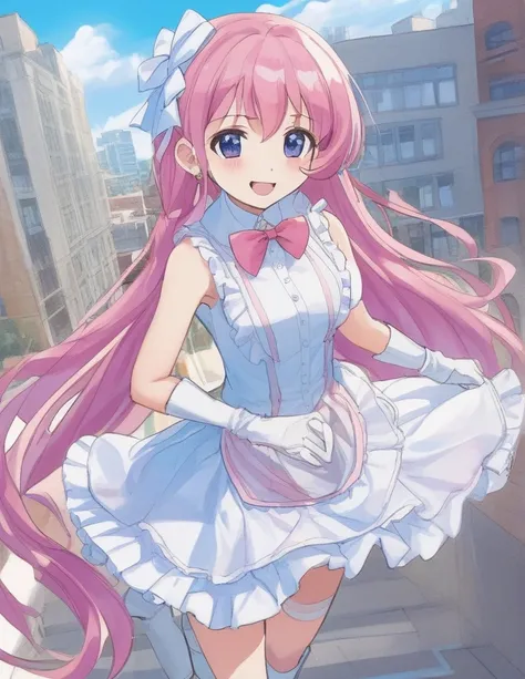 ,in city,blue sky,smile,cure prism, cure prism, pink hair, long hair, side braid, white ascot, white boots, elbow gloves, hair ribbon, earrings, layered skirt, heart ahoge, sleeveless