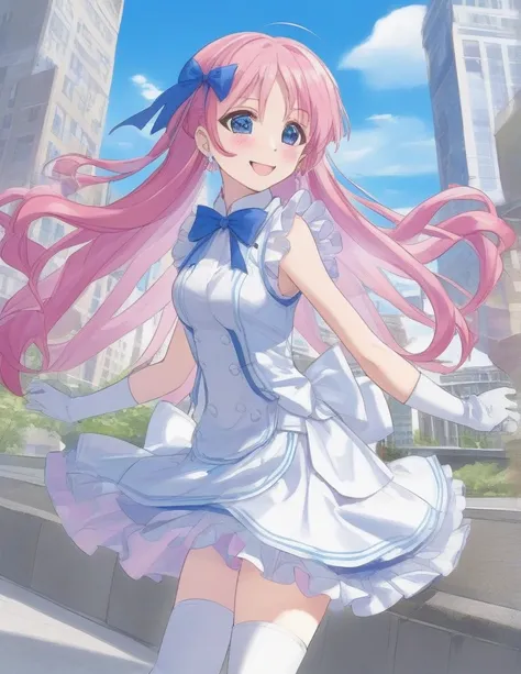 ,in city,blue sky,smile,cure prism, cure prism, pink hair, long hair, side braid, white ascot, white boots, elbow gloves, hair ribbon, earrings, layered skirt, heart ahoge, sleeveless