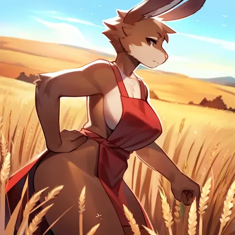 Short busty bunny wearing only a red apron, brown fur, Wheat field, looking into the distance, от bebebebebe, by Spydjeks, by SpikedMauler