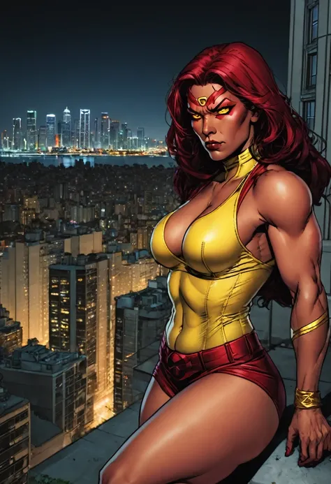 RedSheHulk, yellow eyes, red skin, 
cityscape, night,  
smug,