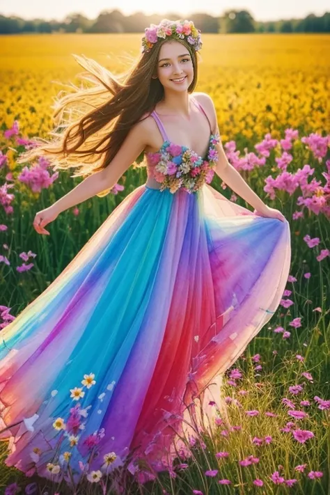 A whimsical girl with long, flowing hair made of flowers, dancing in a field of vibrant colors. Rendered in a dreamy, watercolor style.