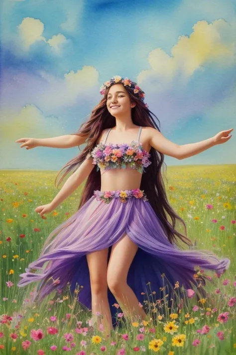 A whimsical girl with long, flowing hair made of flowers, dancing in a field of vibrant colors. Rendered in a dreamy, watercolor style.