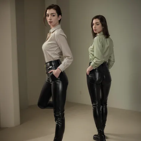 (masterpiece), (1girl), ((solo)), Anne Hathaway wearing a (button shirt), and (black leather pants), green eyes, showing back pockets