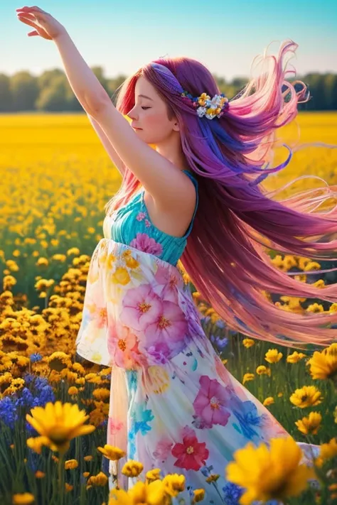 A whimsical girl with long, flowing hair made of flowers, dancing in a field of vibrant colors. Rendered in a dreamy, watercolor style.