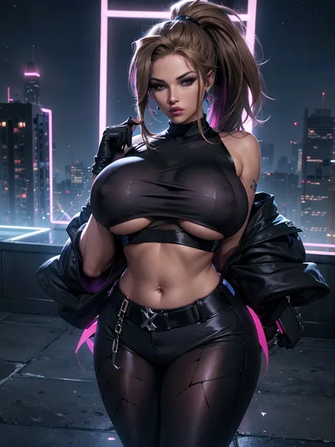 masterpiece, best quality, high detail, game character lora:kda_all_out_akali , akali, k/da (league of legends), from league of legends , solo, dark hair, blonde, multi haired color, accessories , fingerless gloves, crop top, midriff, earrings, two-tone ha...