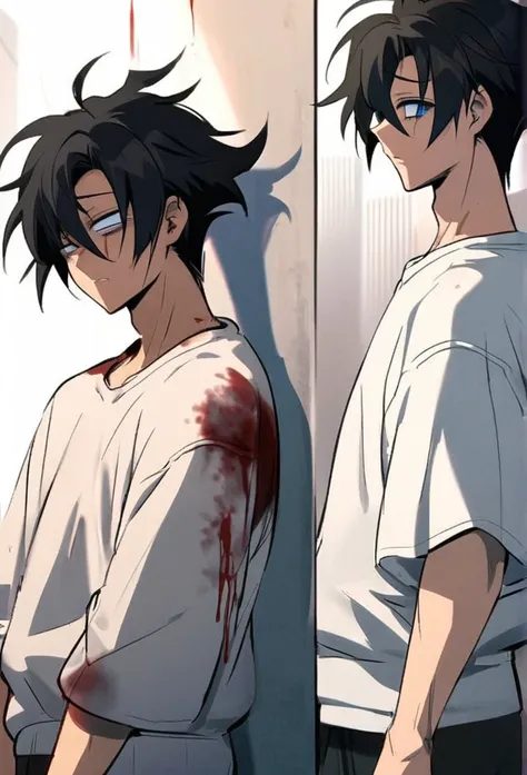 Ecchi anime style, 1 chico, man, black hair, disheveled hair, blue eyes, Dull eyes, Dead eyes, baggy eyes, carefree look, pose sexy, defined body, white sweatshirt, blood stains, shadows,