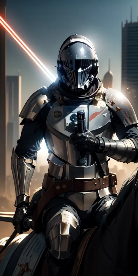 A medieval knight wearing an astronaut helmet, holding a lightsaber in his right hand, mounted on a black horse. The scene is set in the middle of São Paulo city with bright sunlight in the background. Sparks emanate from the knight, and a burst of light c...