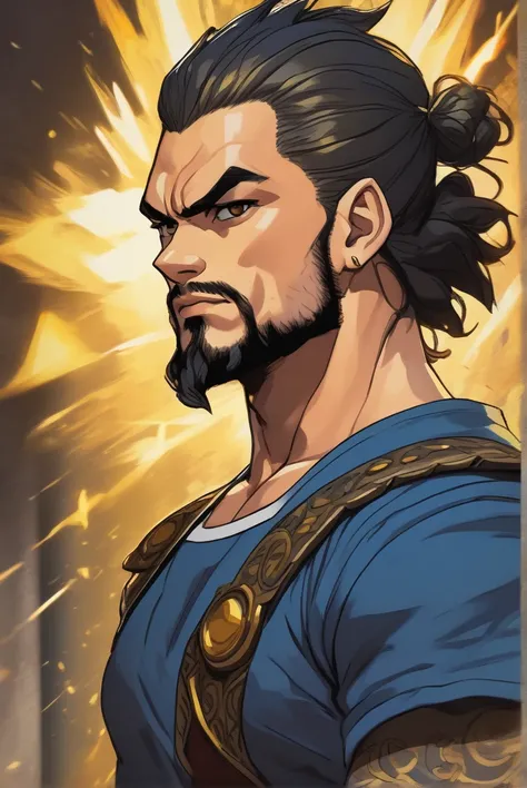 Anime-style 2.5D tom pasrel óleo portrait with a pastel oil painting effect Vegeta + Jason Momoa cinematic vibrant gold Black lighting, close-up on a character with detailed shaven head backdrops, piercingly detailed mel  big eyes with bright pupils, portr...