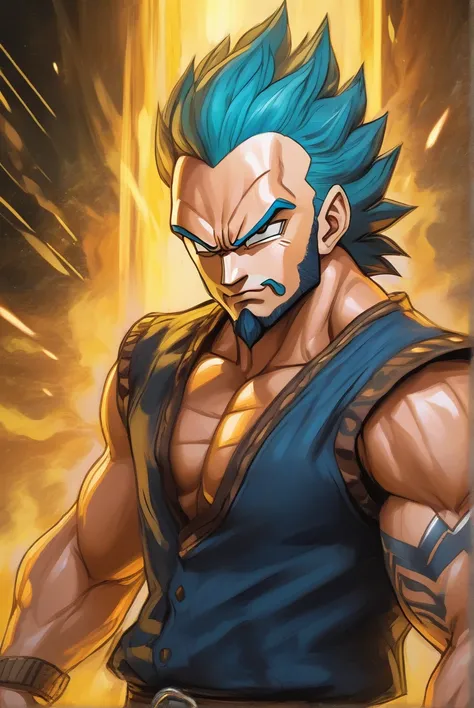 Anime-style 2.5D tom pasrel óleo portrait with a pastel oil painting effect Vegeta + Jason Momoa cinematic vibrant gold Black lighting, close-up on a character with detailed shaven head backdrops, piercingly detailed mel  big eyes with bright pupils, portr...