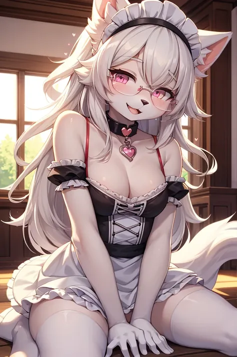 A girl with long white hair with a straight cut and pink eyes, wearing a white bra, a white short skirt, and white pantyhose, sitting on the floor in a sexy session, best quality,best resolution,(fluffy anthro furry :1.6),(young :1.6),cat girl,small breast...