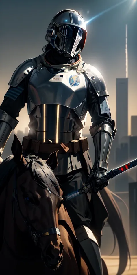 A medieval knight wearing an astronaut helmet, holding a lightsaber in his right hand, mounted on a black horse. The scene is set in the middle of São Paulo city with bright sunlight in the background. Sparks emanate from the knight, and a burst of light c...