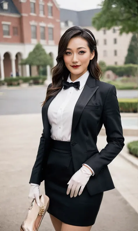 a beautiful picture of fukuharaXL ,woman,detailed skin texture,masterpiece, photorealistic, light, RAW color photo,(fully in frame:1.1), (blush:0.5), (goosebumps:0.5),(((black silk skirt suit))), (((three-piece suit))), (((tuxedo))), (((dress shirt))), (((...