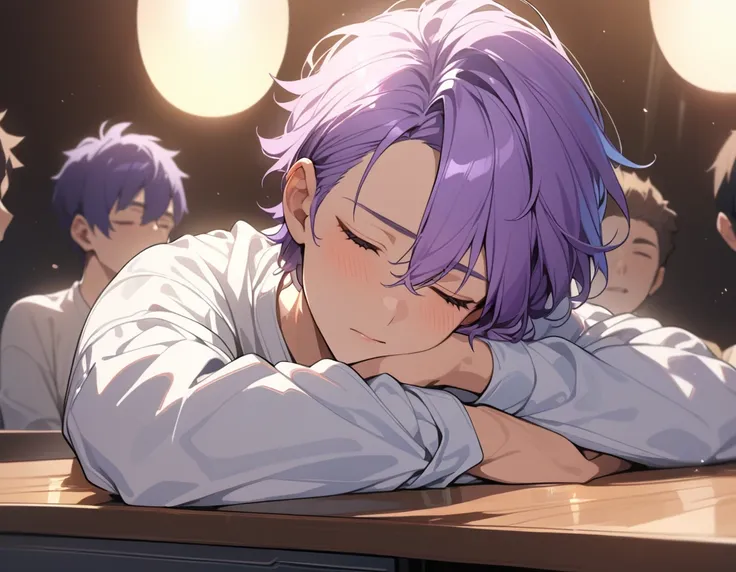 masterpiece, best quality, Extremely detailed, Extremely detailed, Flat anime, 2D,
((1 boy)),Purple Hair, (short hair:1.5),With eyes closed,(young people:1.2), Ear-length sideburns,Fell asleep on the table，Shining a faint light on his face，Darker backgroun...