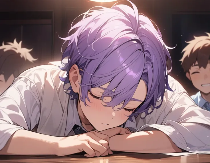 masterpiece, best quality, Extremely detailed, Extremely detailed, Flat anime, 2D,
((1 boy)),Purple Hair, (short hair:1.5),With eyes closed,(young people:1.2), Ear-length sideburns,Fell asleep on the table，Shining a faint light on his face，Darker backgroun...