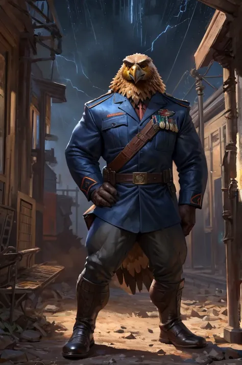 By Taran Fiddler, one man, anthro eagle (Golden Eagle), dilf, wrinkly face, sad and melancholic look, bushy eyebrows, wearing trench world war one uniform, hands to his hips, stern facial expression, grumpy, standing in front of a old train station leaning...