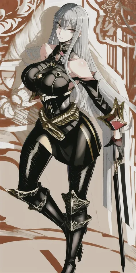 selvaria_bles, huge_breasts, standing, solo, military_uniform_black_short_dress_detached_sleeves_golden_belt_black_pantyhose_halterneck_high_heels, masterpiece, best quality, detailed face, detailed eyes, highres,