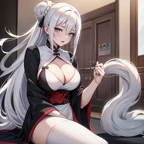 curvy ghostly pale young woman with long white hair in a bun, pure white skin, large breast, large cleavage, red lipstick, and grey eyes wearing a grey cheongsam.