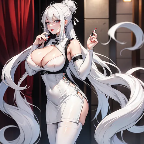 curvy ghostly pale young woman with long white hair in a bun, pure white skin, large breast, large cleavage, red lipstick, and grey eyes wearing a grey cheongsam.