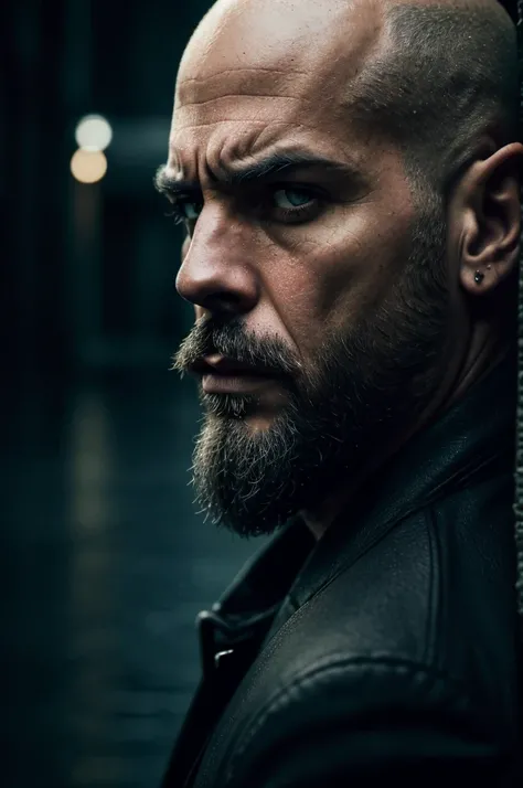 (A bald man with a gun black scruffy beard:1.1) (intensely focused gaze, piercing eyes) (detailed facial features, defined nose and lips) (Threatening atmosphere) (dark shadows and dramatic lighting) (hight contrast:1.1) (gritty texture) (intense and suspe...