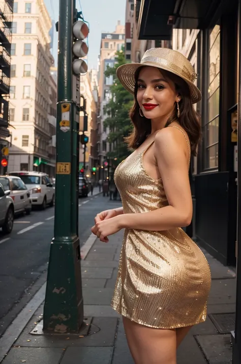 Italian girl 25 years old, beautiful, wonderful, walk on the upper west side of nyc. 1 girl, real, very high resolution, 8k, sparkly dress, luxury, full figure, pearl earrings, elegant hat, evening, red lipstick, light smile