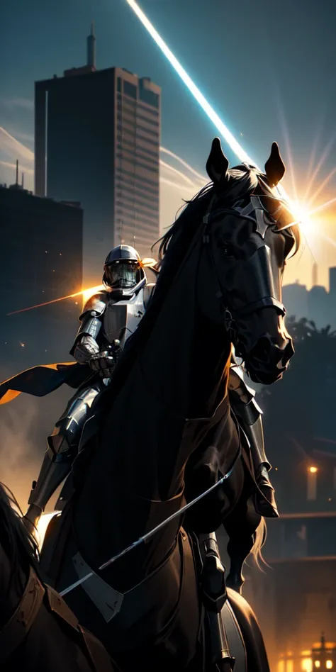 Medieval knight wearing an astronaut helmet, holding a lightsaber in his right hand, riding a black horse in the middle of the city of São Paulo. The sun shines in the background. Sparks emanate from the rider and a burst of light comes from the horse&#39;...