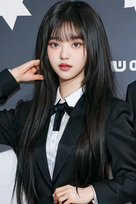 there is a woman in a black suit and tie posing for a photo, portrait of jossi de blackpink, jinyoung shin, jaeyeon nam, korean ...