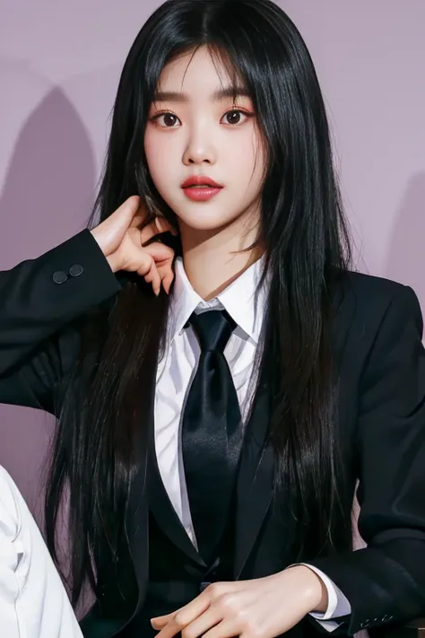 there is a woman in a black suit and tie posing for a photo, portrait of jossi de blackpink, jinyoung shin, jaeyeon nam, korean ...