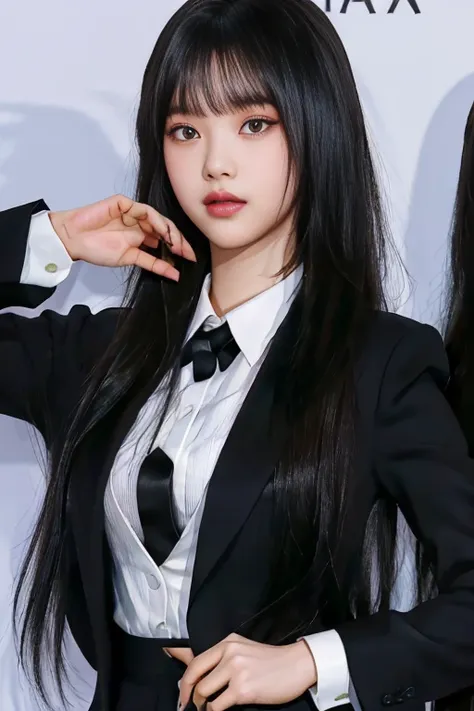 there is a woman in a black suit and tie posing for a photo, portrait of jossi de blackpink, jinyoung shin, jaeyeon nam, korean ...