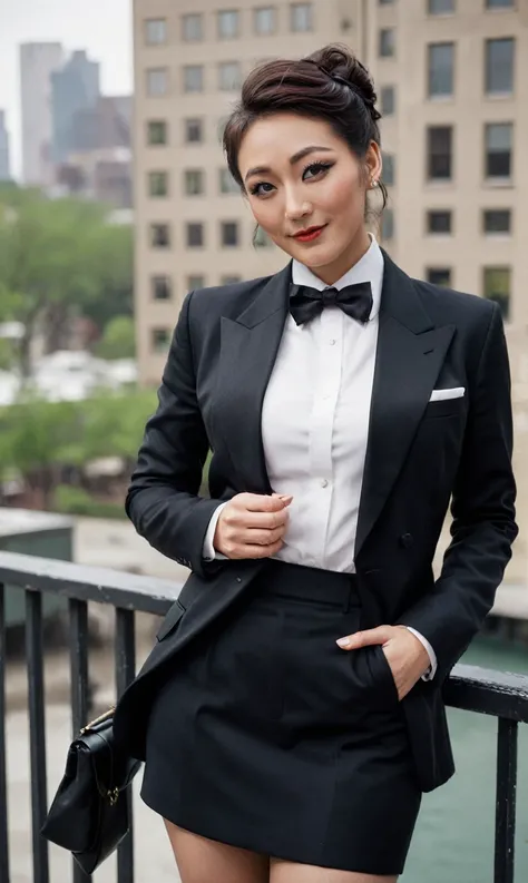 a beautiful picture of fukuharaXL ,woman,detailed skin texture,masterpiece, photorealistic, light, RAW color photo,(fully in frame:1.1), (blush:0.5), (goosebumps:0.5),(((black silk skirt suit))), (((three-piece suit))), (((tuxedo))), (((dress shirt))), (((...