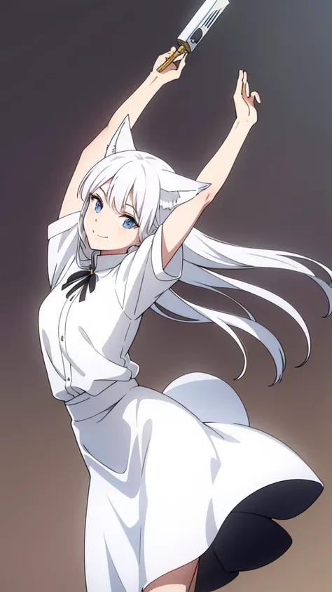 1girl ,solo,20s,mature female,white hair,long hair,fox ears,(simple background),white shirt,white skirt,smile, stretching