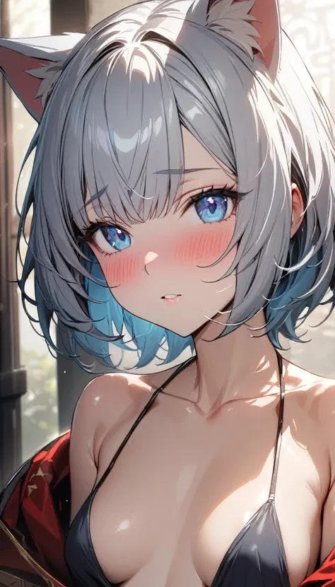 (((best quality)), ((masterpiece)), (details), masterpiece, best quality, high quality, ulutra detailed, perfect face, ((1girl, blue eyes, cat ears: 1.3 silver bob hair: 2.5,)) 、Shiny Hair、Glowing Skin、blush、Lustful look、Small breasts、Lord Enma、hell