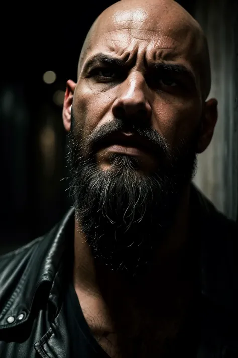 (A bald man with a gun black scruffy beard:1.1) (intensely focused gaze, piercing eyes) (detailed facial features, defined nose and lips) (Threatening atmosphere) (dark shadows and dramatic lighting) (hight contrast:1.1) (gritty texture) (intense and suspe...