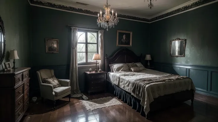 a realistic, hyper-detailed, dark, and eerie standard Brazilian female bedroom, cinematic lighting, moody atmosphere, abandoned, cobweb-filled, grungy, female silhouette, detailed furniture, old-fashioned decor, candles, dusty chandelier, ominous shadows, ...