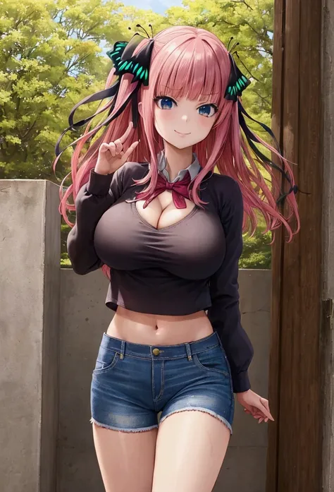 2d, masterpiece, best quality, anime, highly detailed, 1girl, solo, cowboy shot, nakano nino, pink hair, butterfly hair ornament, crop top , cleavage, Denim shorts , huge breasts, standing, school, outdoors, smile