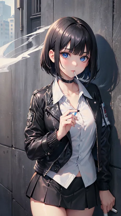 High resolution, Highest quality,  super high quality, Ultra-detailed,(A woman holding a cigarette:1.3)、 Bobcut、Black Hair、Blue eyes、Leaning against a wall、(Black Riders Jacket:1.5)、(White inner shirt:1.5)、(Black Mini Skirt:1.3)、Beautiful Skin、Beautiful Fa...