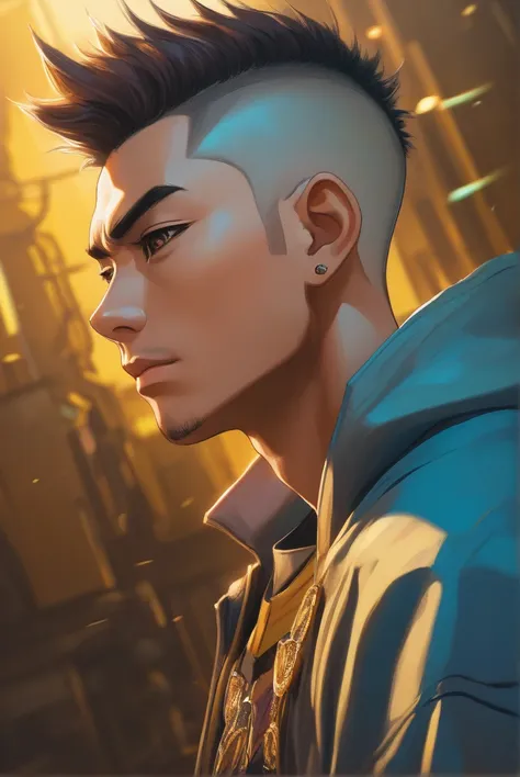 anime-style 2.5d tom pasrel óleo portrait with a pastel oil painting effect yasuo lol + poul walker cinematic vibrant gold black...