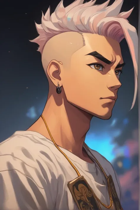 Anime-style 2.5D tom pasrel óleo portrait with a pastel oil painting effect Yasuo lol + poul Walker cinematic vibrant gold Black lighting, close-up on a character with detailed shaven head backdrops, piercingly detailed mel  big eyes with bright pupils, po...