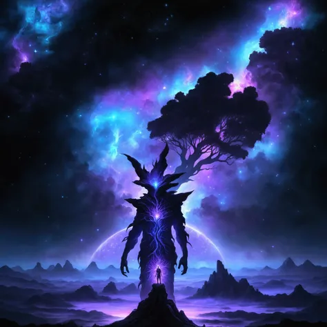 purple and blue digital painting of a tree with a man standing in front of it, cute celestial wizard, fractal trovão dan mumford, epic fantasy digital art style, epic fantasy science fiction illustration, elemental guardian of life, a shaman sustaining the...