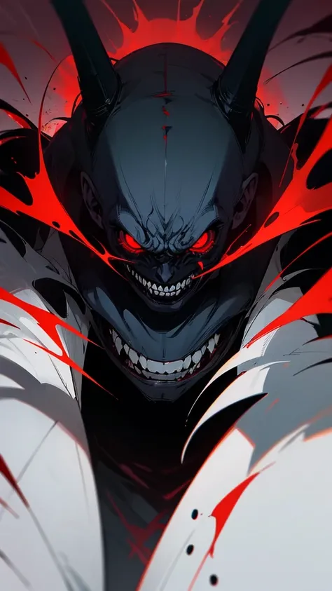 an evil looking man, with a scary smile and intense red eyes. The background should be dark and gloomy,  a mysterious and unsettling atmosphere that aligns with the phonk style."