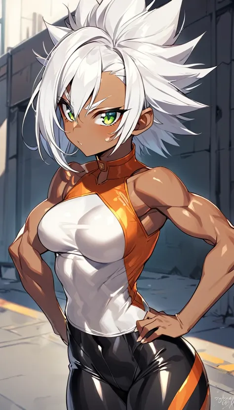 a girl, Saiyan, spiky white hair, green eyes, ripped muscles, thin waist, wide hips, dark skin, medium breasts, skintight clothes, white t-shirt, black pants