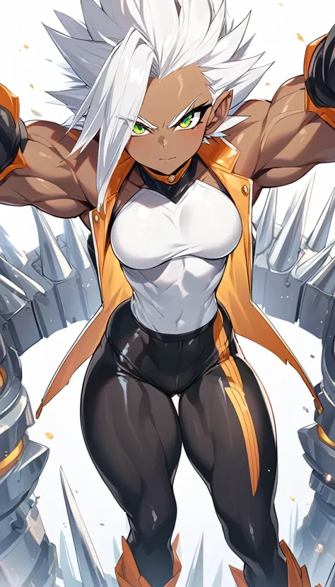 a girl, Saiyan, spiky white hair, green eyes, ripped muscles, thin waist, wide hips, dark skin, medium breasts, skintight clothes, white t-shirt, black pants