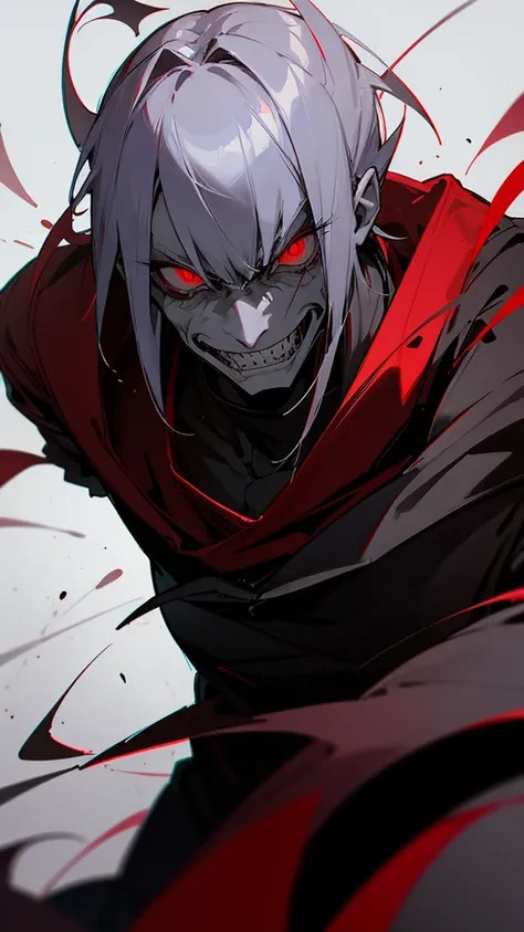 an evil looking man, with a scary smile and intense red eyes. The background should be dark and gloomy,  a mysterious and unsettling atmosphere that aligns with the phonk style. anime styling