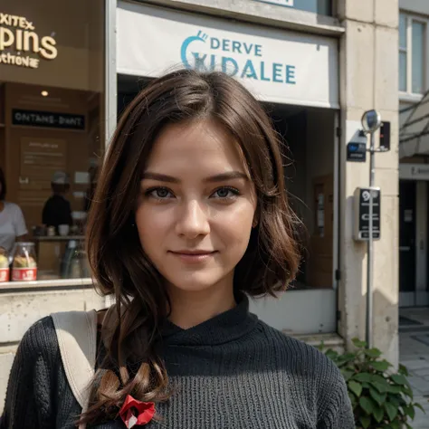 Rendu de haute qualité d’un mignon de 24 ans.Tina Douthit, Cheveux bruns mi-longs, Yeux noisette symétriques détaillés, Ayez l’air confiant, détendu, Sourires, avec un soupçon de supériorité, , stands dans la ville, Superbe photo réaliste, Rendu 3D, détail...