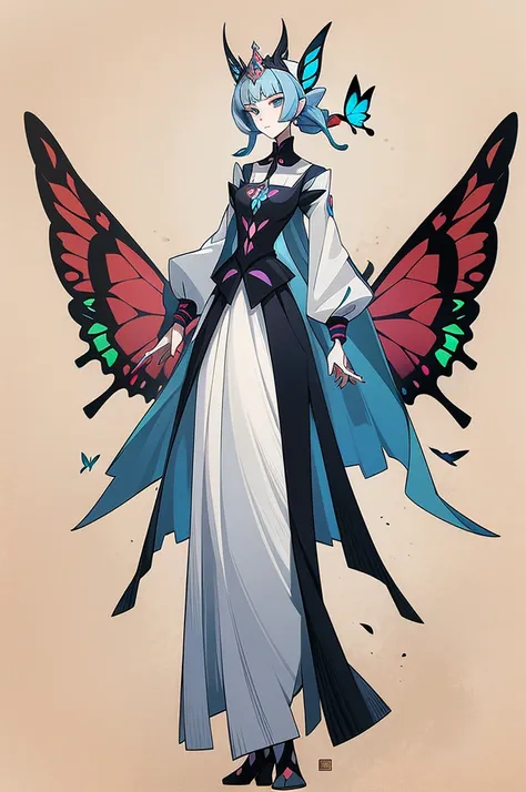 (1 Anthropomorphism of butterflies), (standing upright), (живопись standing upright), 1 Princess，(standing upright)，One, long skirt，character design, bizarre, chedevr，top quality，Best quality，ultra high resolution，Exquisite facial features