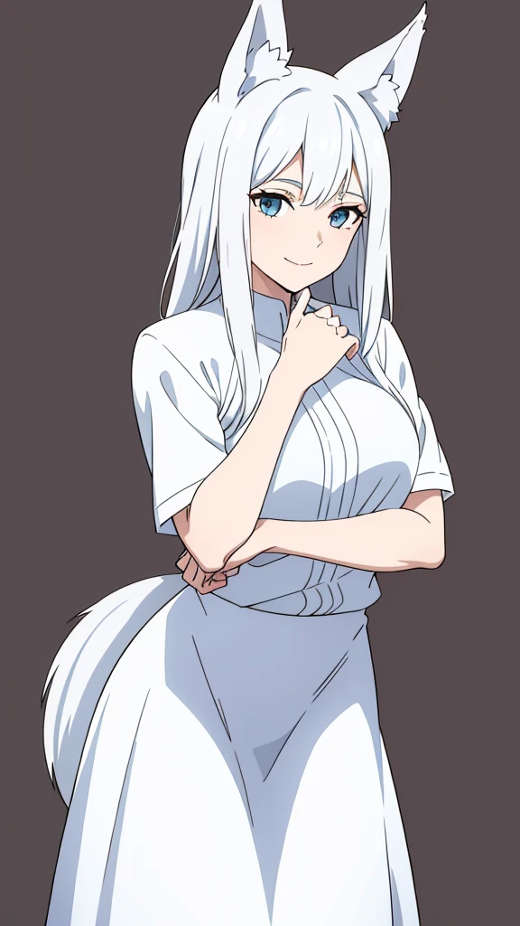 1girl ,solo,20s,mature female,white hair,long hair,fox ears,(simple background),white shirt,white skirt,smile, hand on own chin