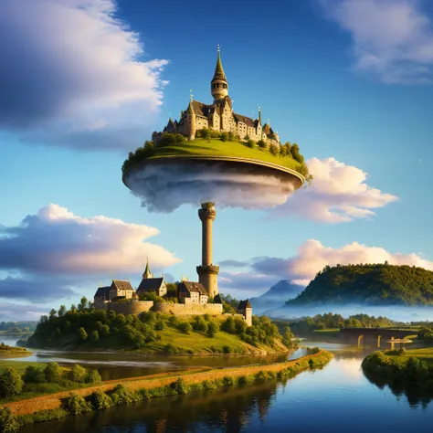 Chef-dœuvre de peinture dun monde fantastique avec un pont et un château viking, ville viking flottante dans le ciel, montagnes flottantes, terres flottantes dans les nuages. Art du monde conceptuel, urbanisme viking flottant dans les nuages, art de lenvir...