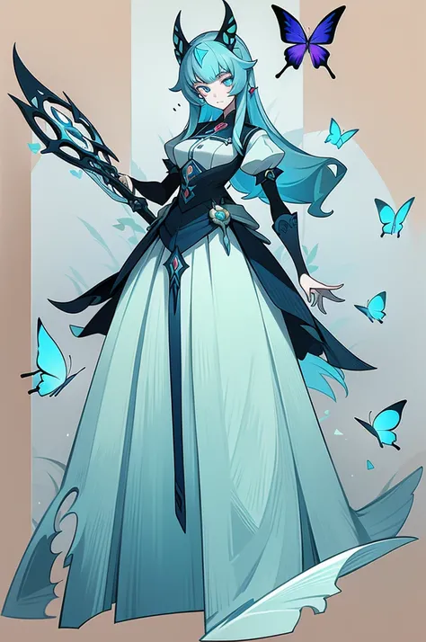 (1 Anthropomorphism of butterflies), (standing upright), (живопись standing upright), 1 Princess，with a staff in his hands, lush pale blue hair, languid look, detailed detailed face, Dynamic lighting, artstation quality, (standing upright)，solo, long skirt...