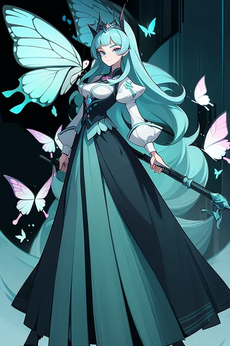 (1 Anthropomorphism of butterflies), (standing upright), (живопись standing upright), 1 Princess，with a staff in his hands, lush pale blue hair, languid look, detailed detailed face, Dynamic lighting, artstation quality, (standing upright)，solo, long skirt...