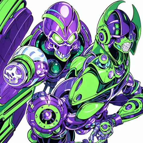 create an entity. she has a mechanical appearance, with a metallic humanoid body in purple and green colors. its head is shaped ...